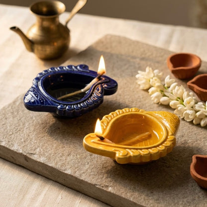 Hand-Painted Ceramic Leaf Diya - Blue & Yellow