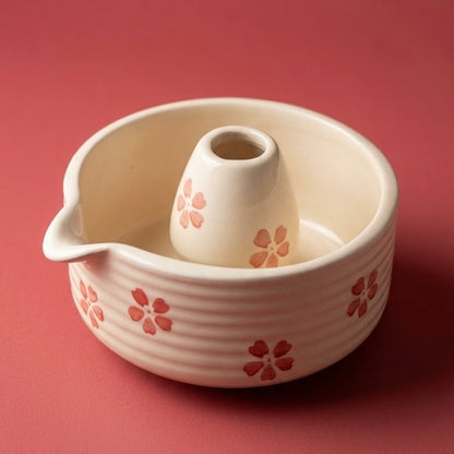 Blush Flower Matcha Set | Ceramic Bowl & Whisk Holder