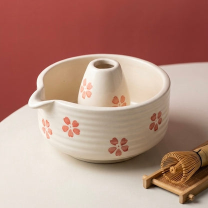 Blush Flower Matcha Set | Ceramic Bowl & Whisk Holder
