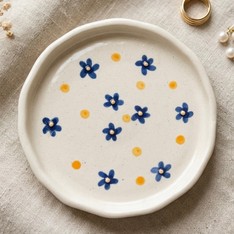 Blue Daisy Dot Ceramic Coaster/Trinket Tray