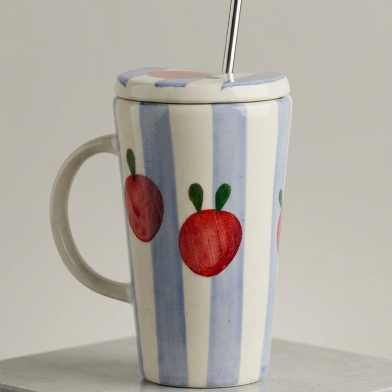 Apple Stripe Ceramic Tumbler With Straw And Lid