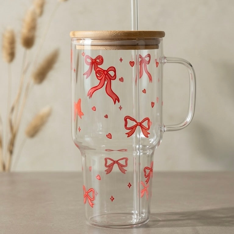 Cherry Bow Glass Tumbler with Bamboo Lid & Straw