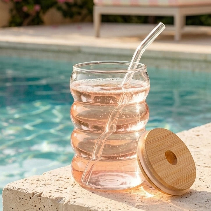 Bubble Glass Tumbler with Bamboo Lid & Straw