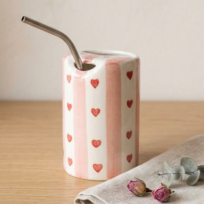 Red Stripes and Hearts Ceramic Tumbler