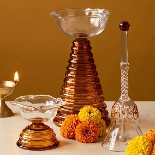 Diwali Pooja Glass Set - Diya & Bell Festive Decor Set