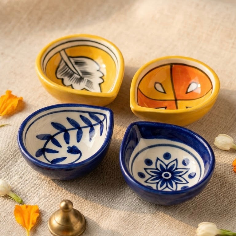 Jaipur Blue Pottery Diwali Diya Set - Blue & Yellow Ceramic