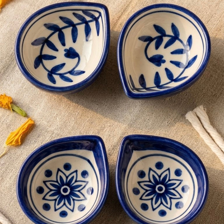 Jaipur Blue Pottery Floral Ceramic Diya Set - 4 Pieces