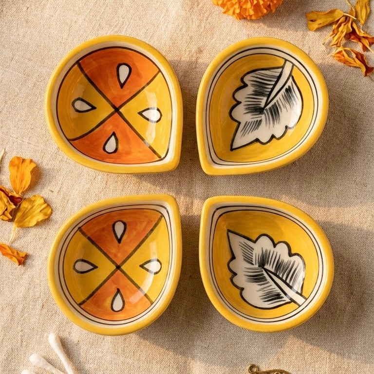 Jaipur Blue Pottery Diwali Diya Set - Yellow & Orange