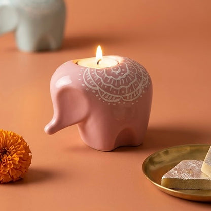 Pink Elephant Ceramic Diya - Diwali Decor