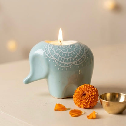 Blue Elephant Ceramic Diya - Diwali Decor