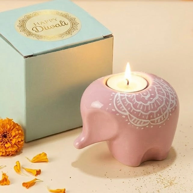 Pink Elephant Ceramic Diya - Diwali Decor