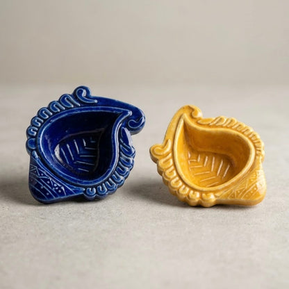 Hand-Painted Ceramic Leaf Diya - Blue & Yellow