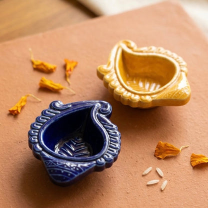 Hand-Painted Ceramic Leaf Diya - Blue & Yellow