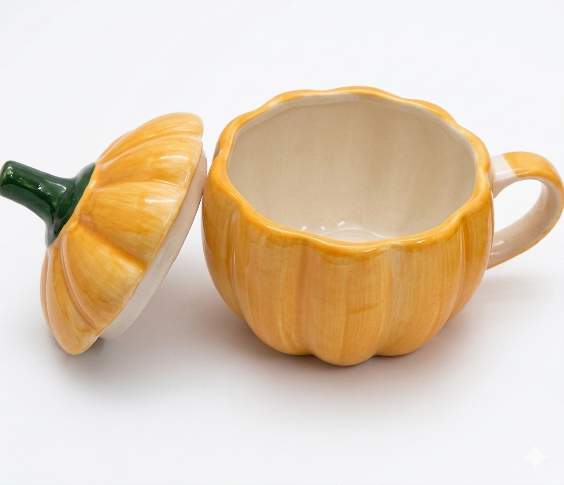 Ceramic pumpkin-shaped mug with lid on a white background