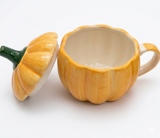 Ceramic pumpkin-shaped mug with lid on a white background