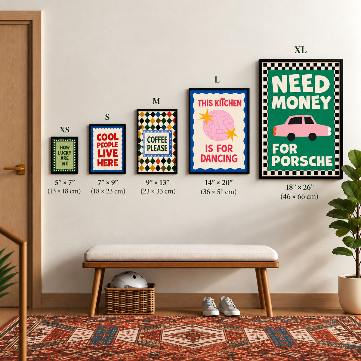 Wall art size guide showing XS