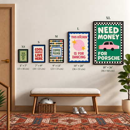 Wall art size guide showing XS