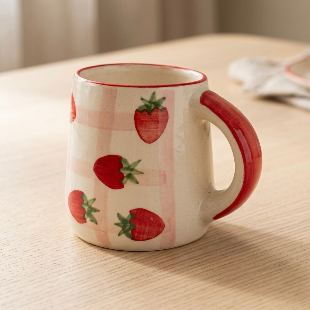 Ceramic mug with strawberry design on a wooden surface